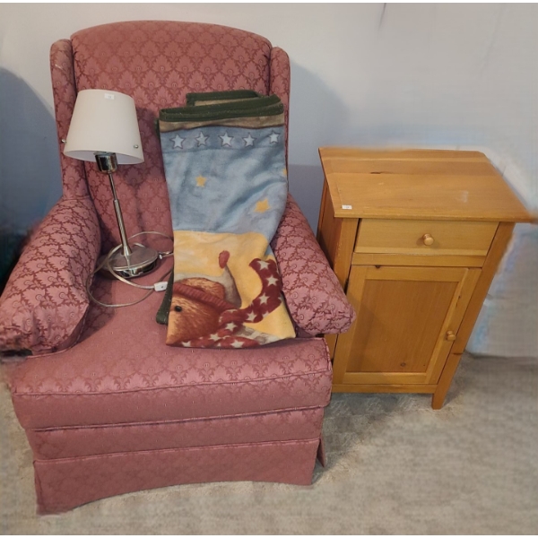 Upholstered Pink Chair 30 W, 30 D, 36 T, also Includes Side Table with Drawer/ Cupboard, and Lamp