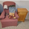Image 1 : Upholstered Pink Chair 30 W, 30 D, 36 T, also Includes Side Table with Drawer/ Cupboard, and Lamp