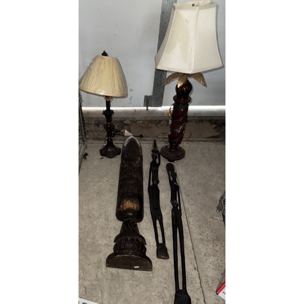 Two Free Standing Lamps w/African Home Decor Pieces Made From Wood