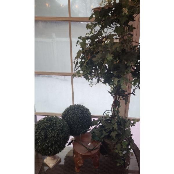 Artificial Greenery Includes Topiaries, and Display Wooden Stool, Ivy Tree 46 T, 9 Base 