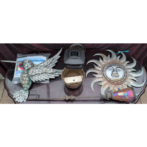 Outdoor Garden Décor Lot: Metal Sun, Hummingbird, Solar Lights, Planters, Watering Can