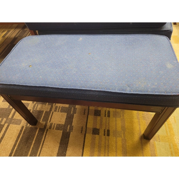 Rectangular Wood Bench with Blue Upholstered Seat