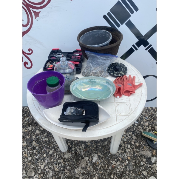 Garden and Tool Lot with Planters, Tools, Gloves