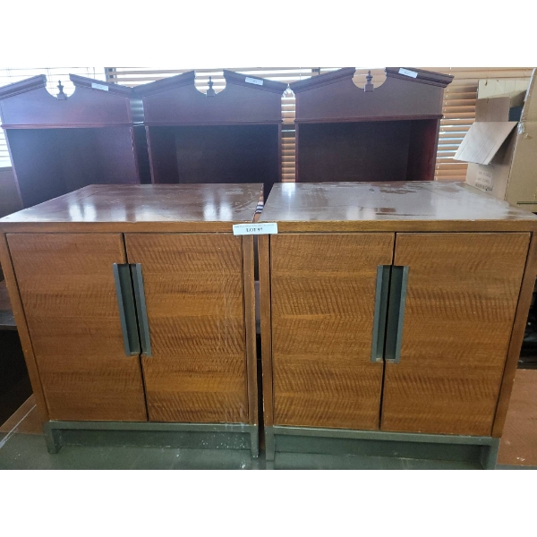 Two Wood Storage Cabinets with Metal Handles