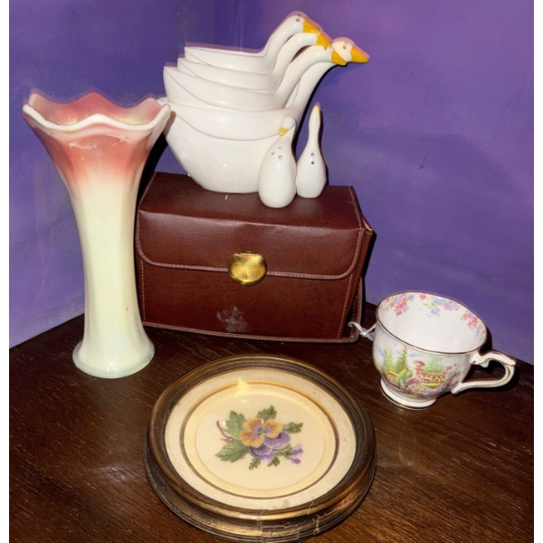 Vintage Items- Nesting Measuring Cups, Vase, Tea Cup & Yardley Box