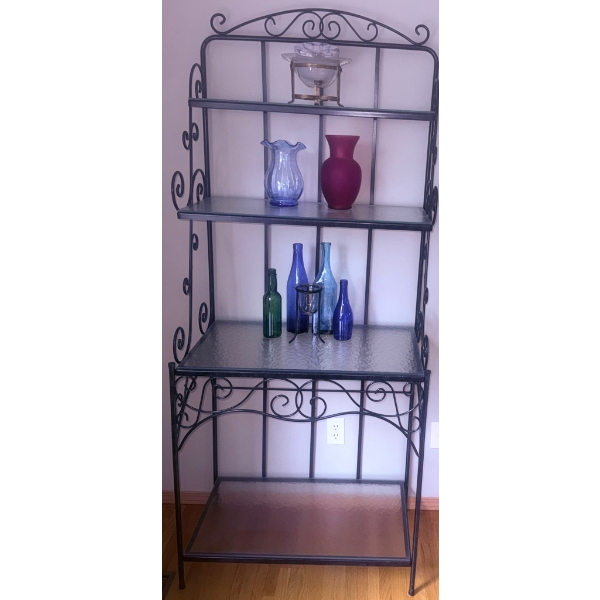 Black Wrought Iron and Glass Four-Tier Bakers Rack