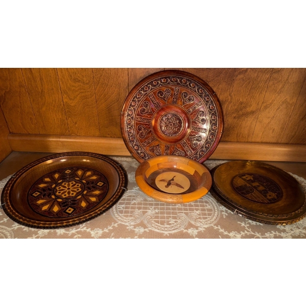Collectible Assortment Of Special Wooden Hand made Wall Hanging Plates