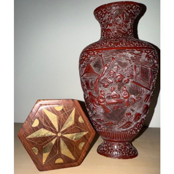 Chinese Cinnabar Lacquer Vase 9T w/ Hexagonal Wooden Trinket Box