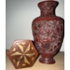 Chinese Cinnabar Lacquer Vase 9T w/ Hexagonal Wooden Trinket Box