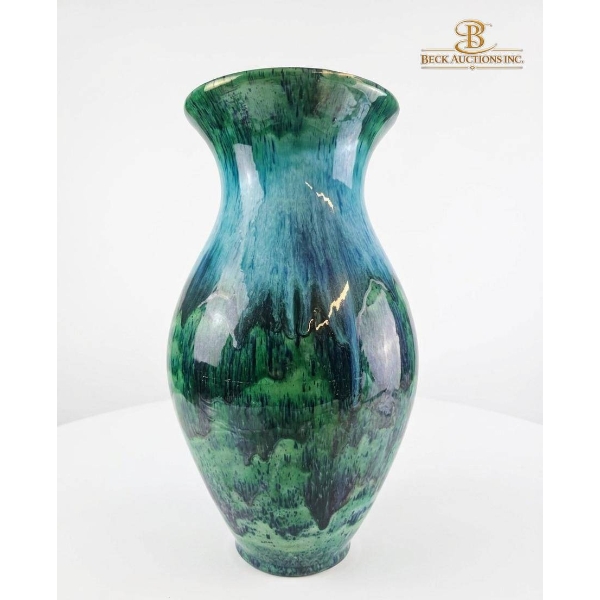 Handcrafted Green and Blue Glazed Ceramic Vase, 20-Inch Height