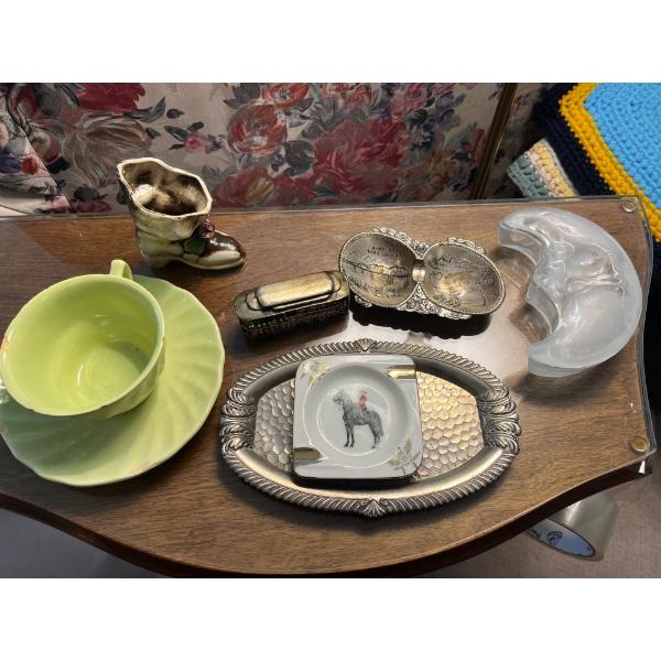 Asortment of small collectibles, along with a green porcelain cup unmarked