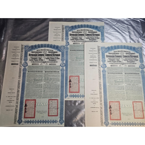 3 Vintage 1913 Chinese Republic Lung-Tsing-U-Haï Railway Gold Bonds.