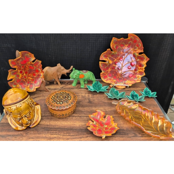 Lot: Leaf Dishes, Elephants, and Head