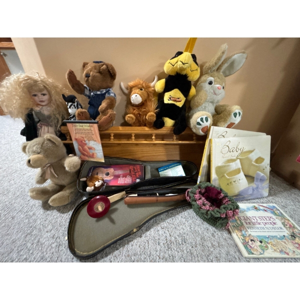 Collection Of Stuffed Animals Vintage Doll & Shelf 