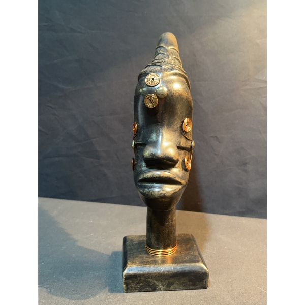 African Carved Wood Bust With Metal Accents
