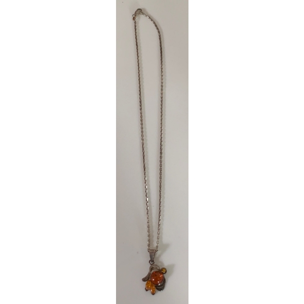 Ladies Sterling Silver Necklace w/ Amber Pendant
