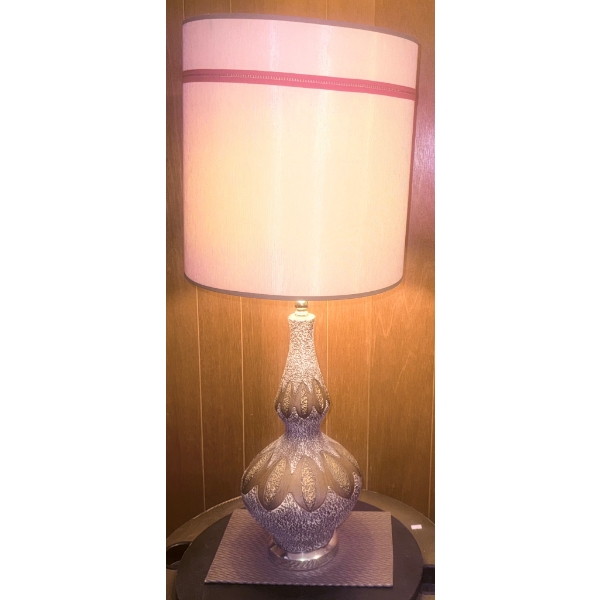 Mid-Century Ceramic Table Lamp With Textured Body and Drum Shade