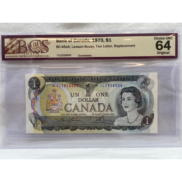 Graded Canadian 1973 $1 Choice UNC Prefix: *IL