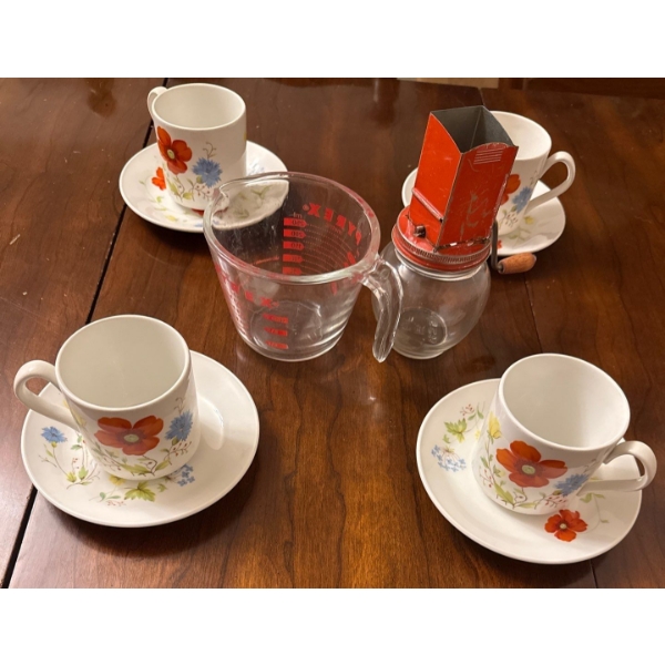 Pyrex Measure Cup, 4Mugs & Saucers & More