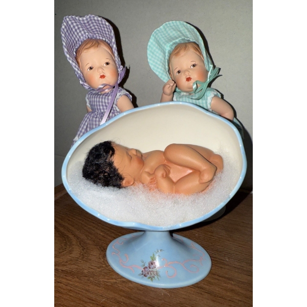 Newborn Baby In Egg Bassinette w/ 2 Tots In Plaid Bonnets 