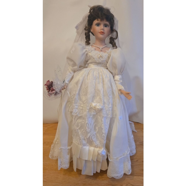 Porcelain Doll in White on a Wooden Base, 22T 