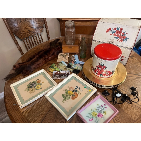 Vintage bread box and canister, set of plate Chargers , Coca-Cola bottle, small wooden box and vinta