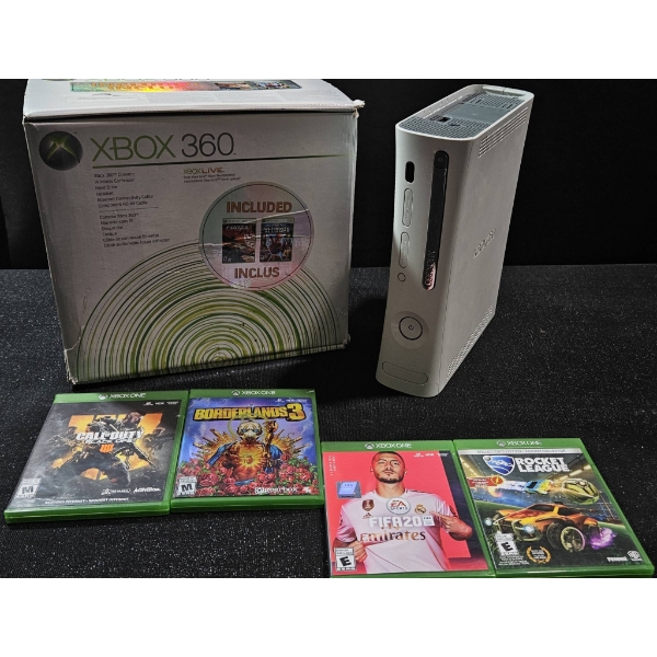 Xbox 360 Console With Box and Four Xbox One Games