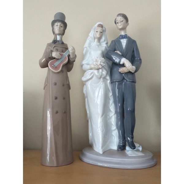 LLadro Figurines: Violin Man Bell 9.5 T, Wedding Couple 5 W, 3.5 D, 9.5 T  