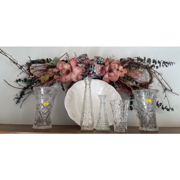 Floral Wall Wreath 4ftW Crystal Vases & Large Serving Bowl 