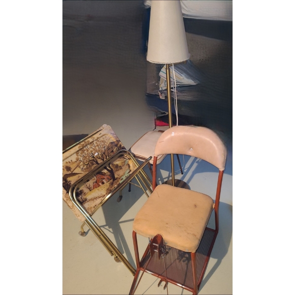 Vintage: TV Trays 22 X 16, Floor Lamp 11" Base, 59 T, Ice Fishing Chair 18 W, 29.5 D, 31 T, Stool