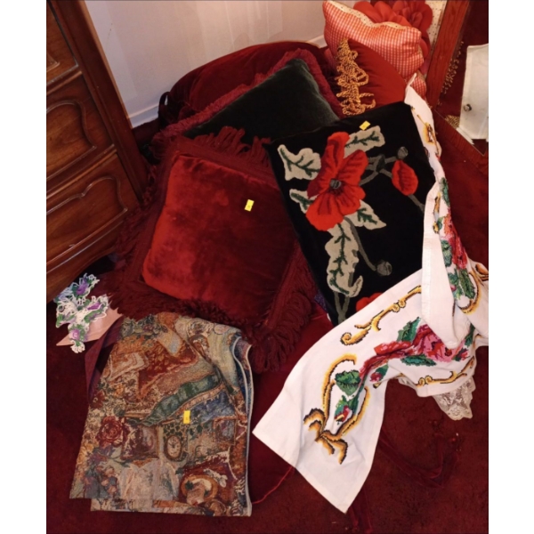 Various Linens, Pillows, Chair Cushions and 3 Various Sized Mirrors (Tallest is 72)