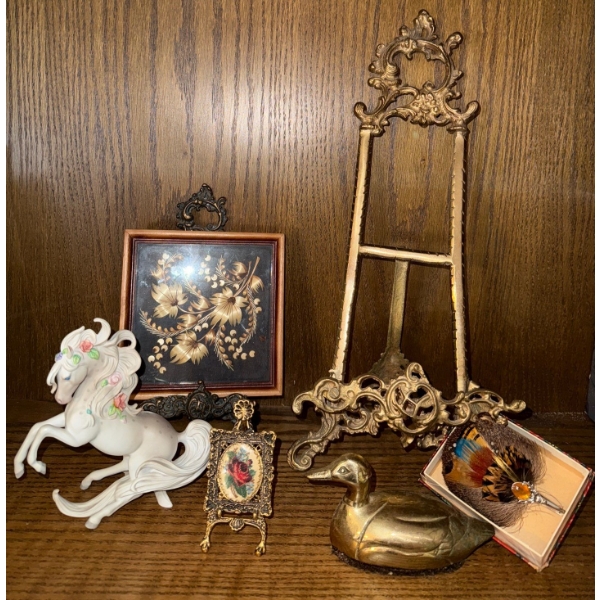 Desk Decor - Brass Plate Stands14T Vintage Shadow Box Art Porcelain Unicorn & More