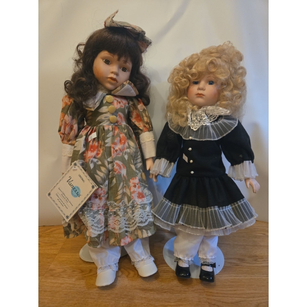 Porcelain Dolls: Vanessa in Floral & Emerald Girl. Tallest is 20T 