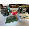 Image 1 :  2 vintage cameras, and tins with a perfume  bottle.