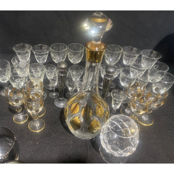 Gold Leaf Decanter w/ Stemware Collection Pewter Salt & Pepper Shaker & More