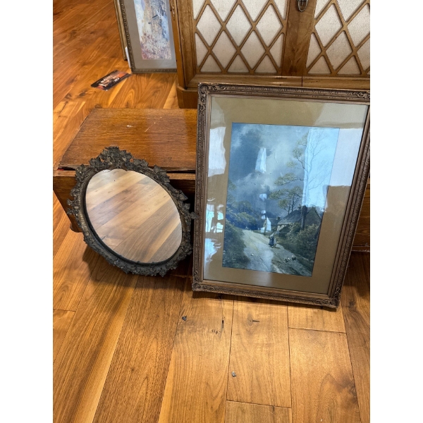 Ornate Bronze Wall Mirror 14T w/ Antique Landscape Art 