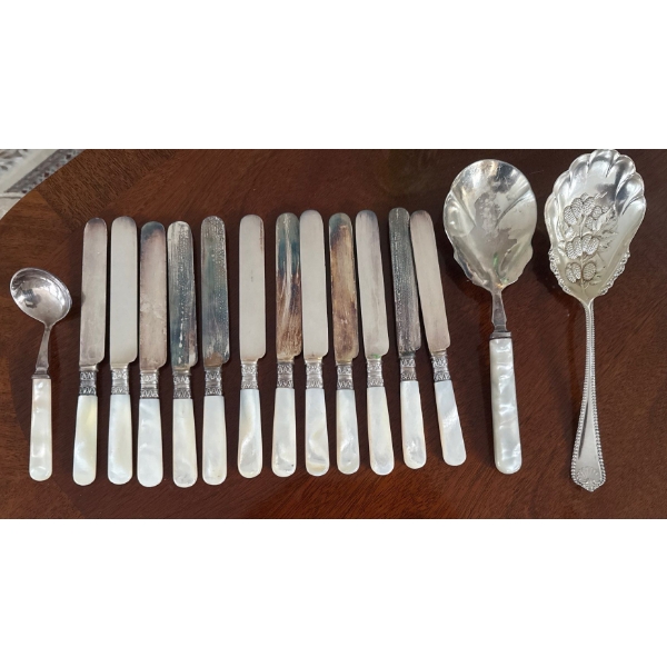 Antique Stamped Sterling Butter Knives w/ Mother Of Pearl Handle & Assorted EP Serving Spoons