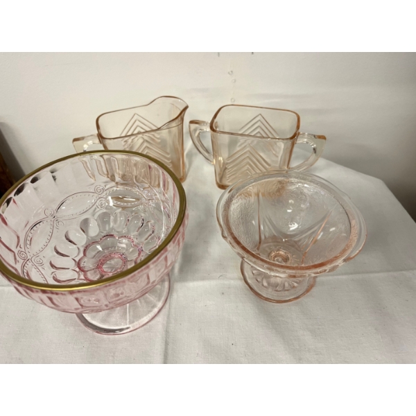 Hazel Atlas Pink Chevron Cream and Sugar Set, a vintage example of Depression-era glassware 