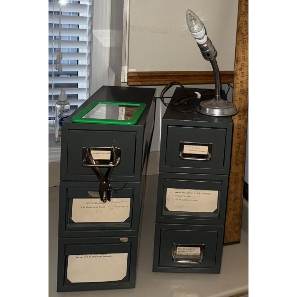Vintage Meter Stick with Mini Filing Drawers & Small Lamp