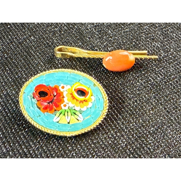 Italian Glass Mosaic Brooch Coral Clip