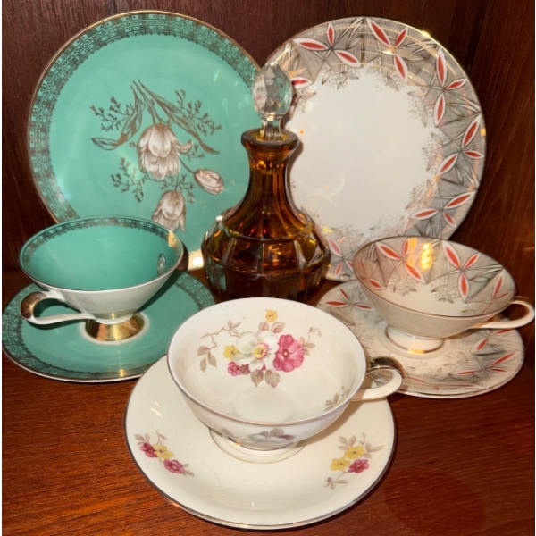 Assorted Vintage Tea Sets w/ Floral Or Geometric Designs- Bavaria West Germany Tea Cups & Saucers