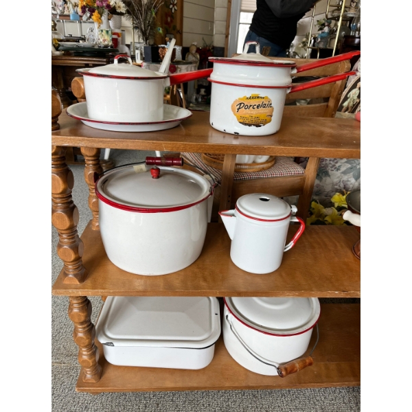Vintage Kanawha porcelain enamelware double boiler pot set from the 1950 roasters coffee pot & MORE
