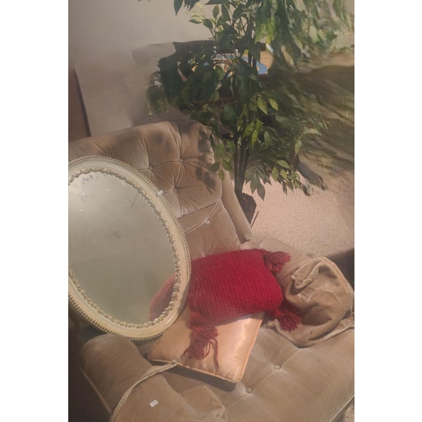 Unholstered Chair 35 W, 29 D, 36 T, Oval Mirror 18.5 x 26, Artificial Ficus Tree 