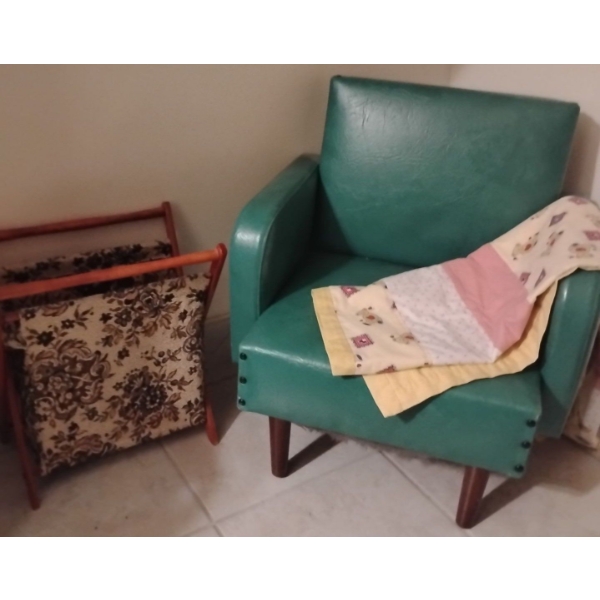 Antique Child Sized Upholstered Chair w/ Handmade Crib Quilt & Decorative Sewing Box