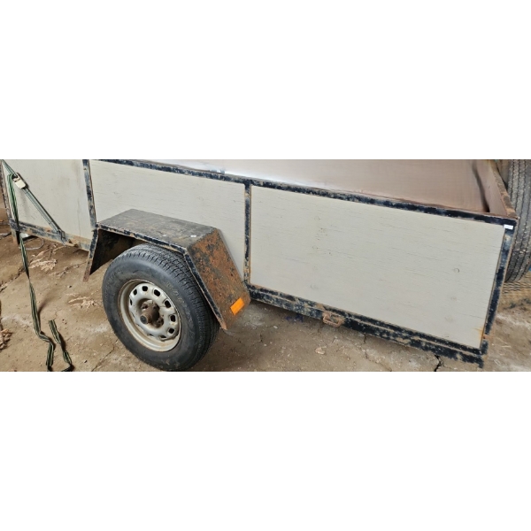 Trailer w/ Wooden Box 52 W, 10 D, 20 T Dimensions of Box, Spare Tire Included