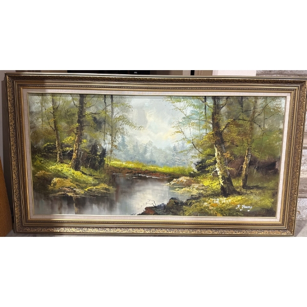 Vintage Oil On Canvas Painting-Forest & River in Foreground By K.Yeung  55x31"tall