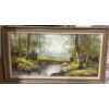 Image 1 : Vintage Oil On Canvas Painting-Forest & River in Foreground By K.Yeung  55x31"tall