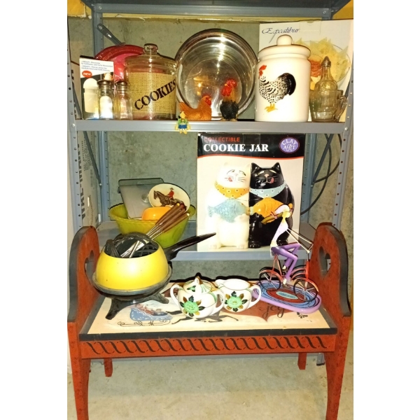 Collectible Cat Cookie Jar Brand New in Box w/Fondue Pot Assortment Of Cookie Jars , Mini Bench & Mu