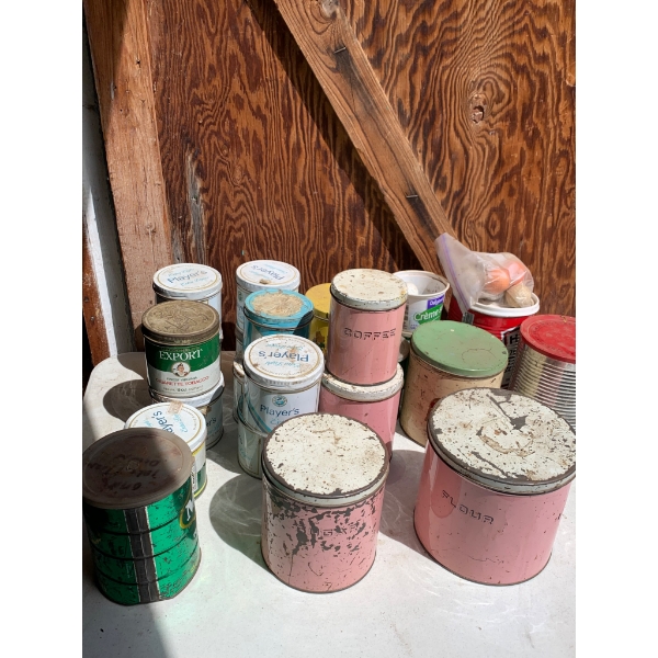 Vintage Metal Tins and Canisters Full of Odds and Ends