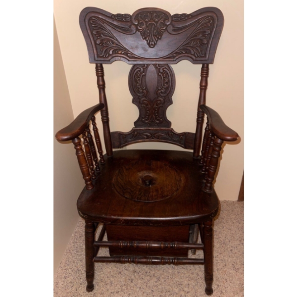 Antique Commode w/Carved Back & Spindle Arms-Wooden Potty For All